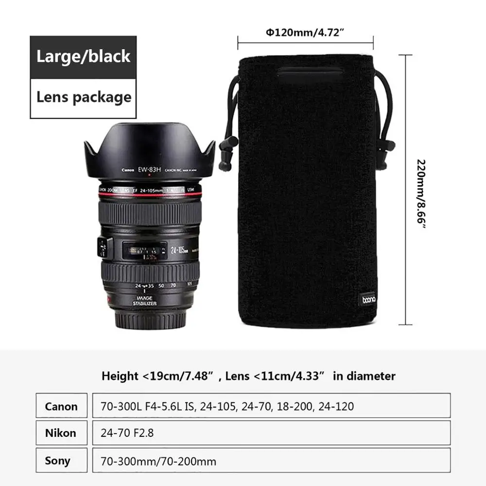Black Lens Bag L Сумка для DSLR камеры, чехол для объектива Nikon, Canon, sony, Olympus, Fuji, сумка для объектива из лайкры, сумка для фотосъемки для камеры - Цвет: Black Lens Bag L