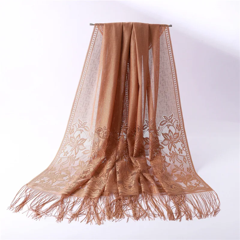Женский однотонный тонкий шарф хиджаб хлопковый кружевной платок с кисточками
