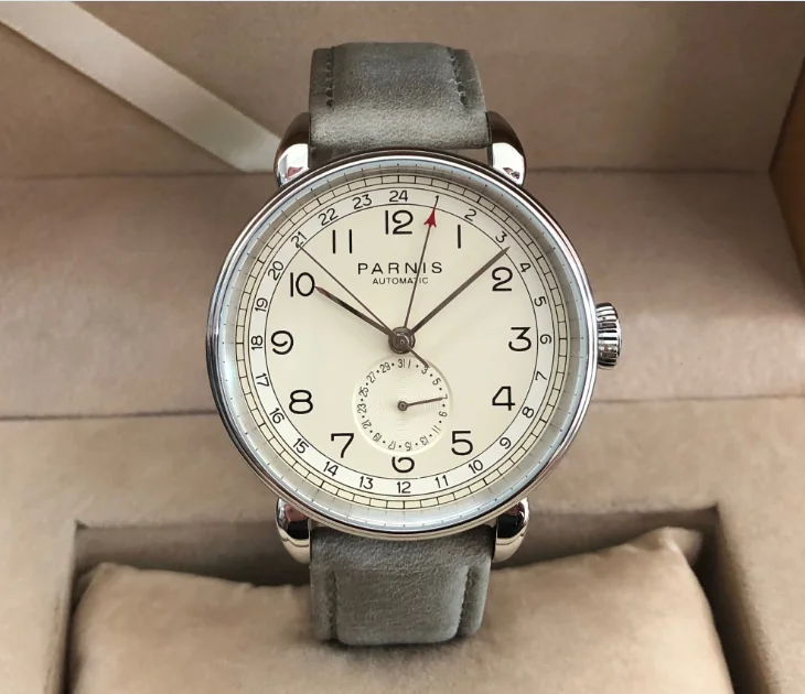 Новый PARNIS 42 мм GMT автоматический самоветер движение Мужские часы Авто Дата