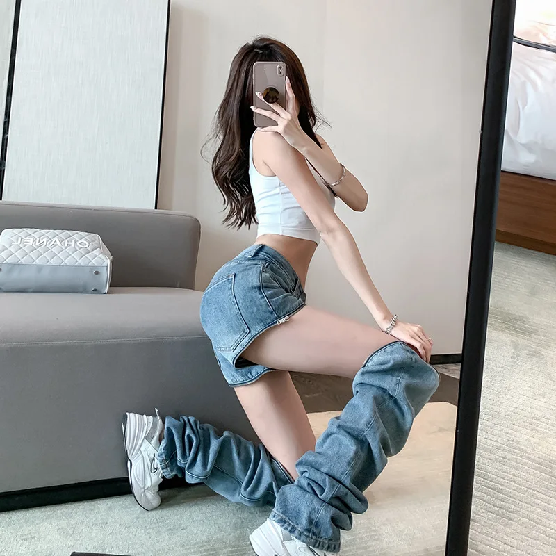 

Detachable Pants Women High Waist Slimming Summer New Loose Straight Women Clothing Shorts Female Y2k Jeans Femme Taille Haute
