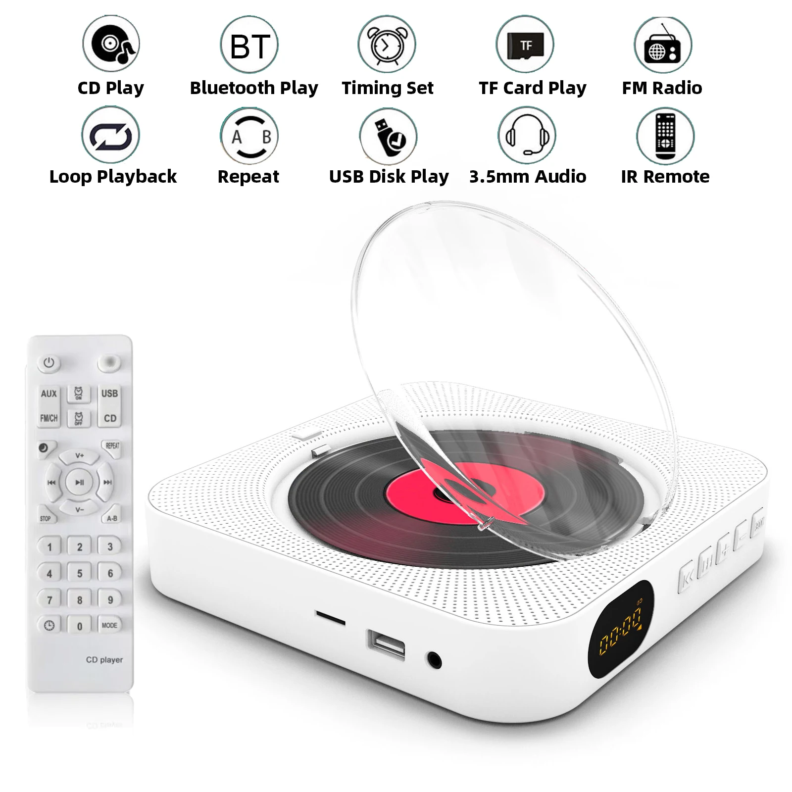 

Portable CD Player Bluetooth Speaker Stereo CD Players LED Screen Wall Mountable CD Music Player with IR Remote Control FM Radio