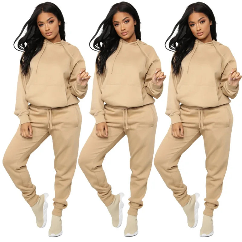 

Thickened Two-Piece Sweater 2021 New Plus Size Women's Hooded Long-Sleeved Top And Trousers With Fashion Casual Solid Color Suit