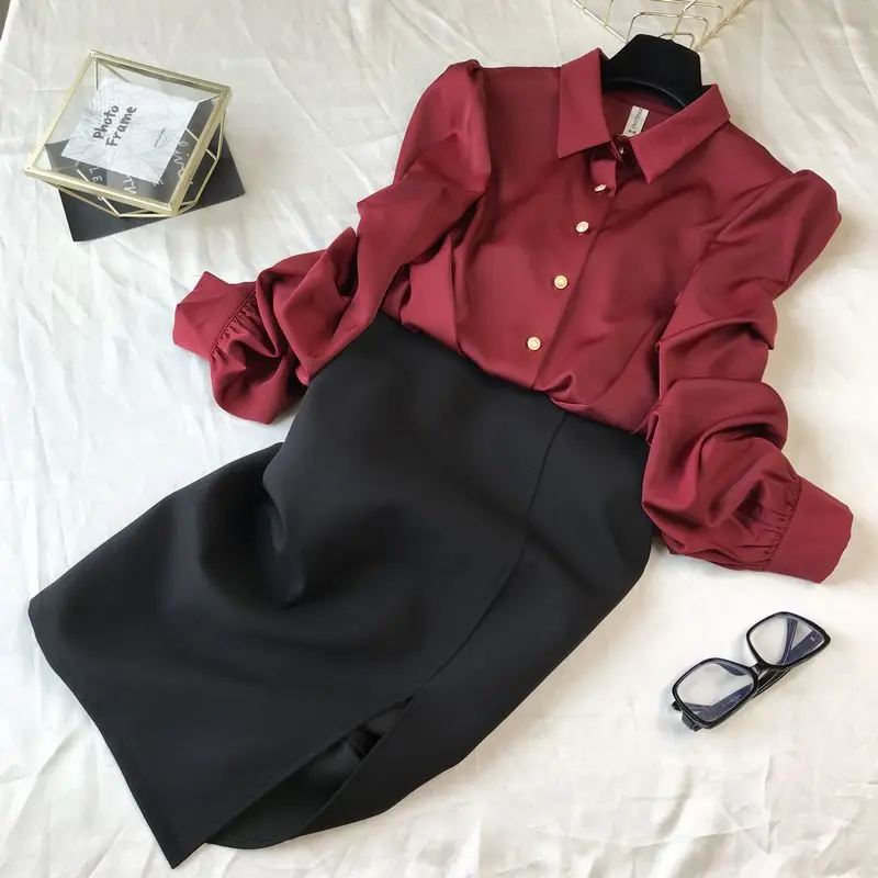 

Workwear Chiffon Shirt for Women 2021 Spring New Elegant Lapel Blouse Fold Sleeve Fashion Single-Breasted Ol Ladies Tops Mujer