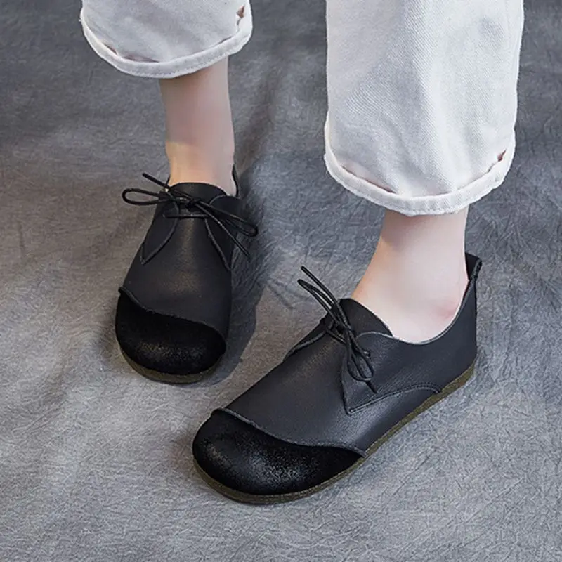 

Handmade leather single shoes women's 2021 spring round head artistic Fansen women's shoes lace up granny shoes flat shoes