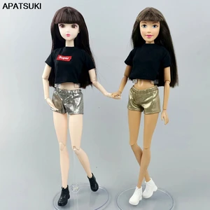 Металлическая Модная Одежда для кукол Барби, черные короткие топы, футболка, кожаные шорты для Blythe Licca, аксессуары для кукол