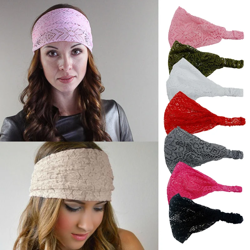 

Lace Openwork Headband Ladies Elastic Hair Band Accessories Wide Stretchy Turban Women's Fashion Headwrap Bandana 2021 New