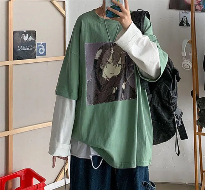 

Рубашка в стиле панк для мужчин и женщин, модная крутая Серая кофта в стиле Kpop, с забавными рисунками из мультфильмов, свободного покроя, вес...