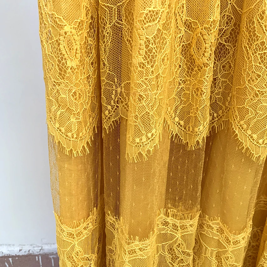

Sale HIGH QUALITY Newest Fashion 2021 Runway Women's Elegant Short Sleeve Ruffles Lace Patchwork Mesh Yellow Maxi Long Dress