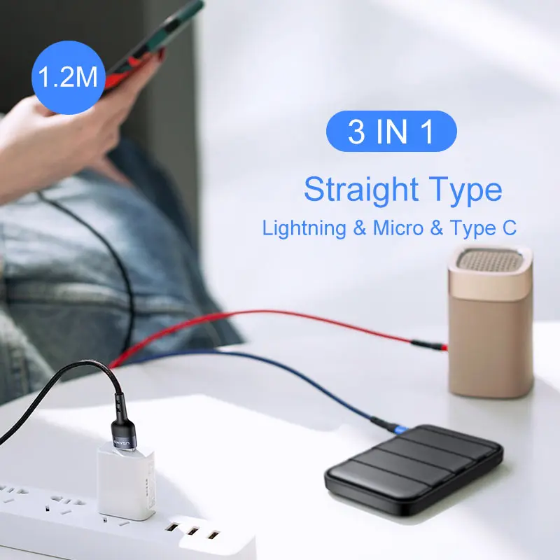 3 in 1 Straight 1.2M USAMS 3 в 1 Micro USB кабель 3A type C кабель для iPhone кабель USB C кабель для зарядки 4 в 1 шнуры для iPhone 6 6s 7 8 x xs samsung - Цвет: 3 in 1 Straight 1.2M