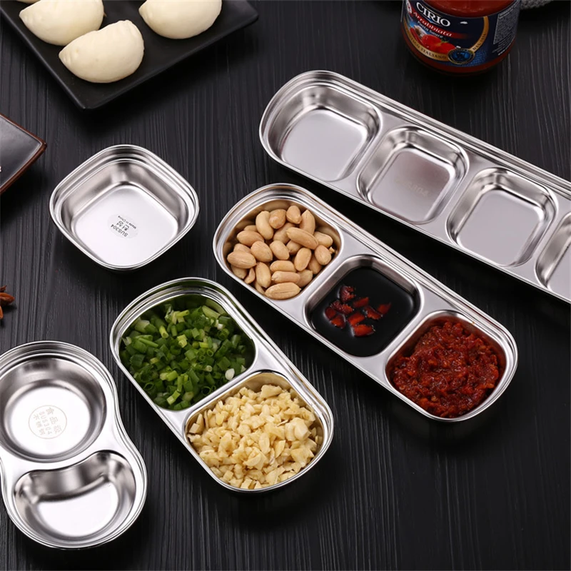 

Stainless Steel Grid Seasoning Dish Hot Pot Dipping Bowl Vinegar Soy Kimchi Sauce Dish Snack Plate Kitchen Tableware Supplies