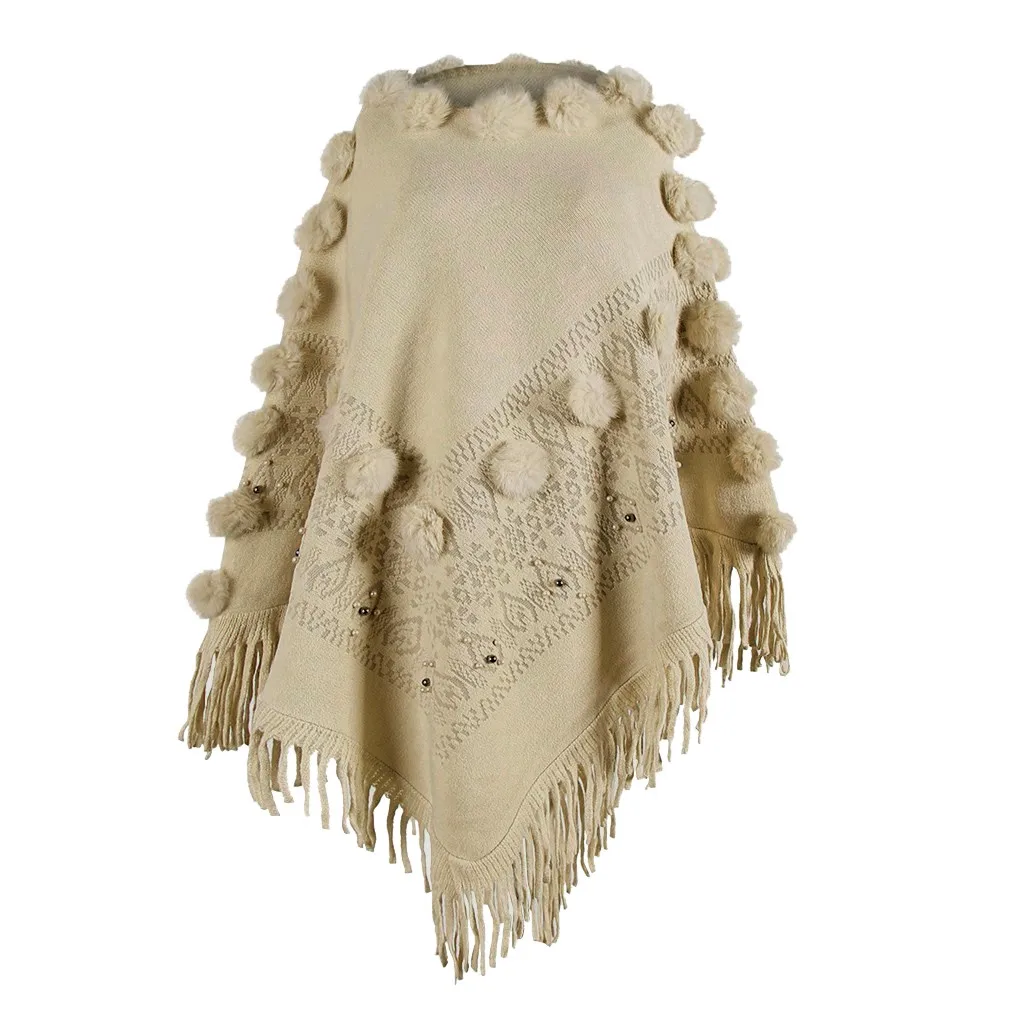 

Winter Cloak Sweater Women Fashion O-Neck Solid Hairball Beading Tassel Cloak Loose Shawl Cardigan Casual Sweater Coat