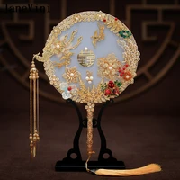 janevini luxury gold phoenix chinese bridal bouquet fan cover face artificial 3d flowers pearls metal round wedding accessories