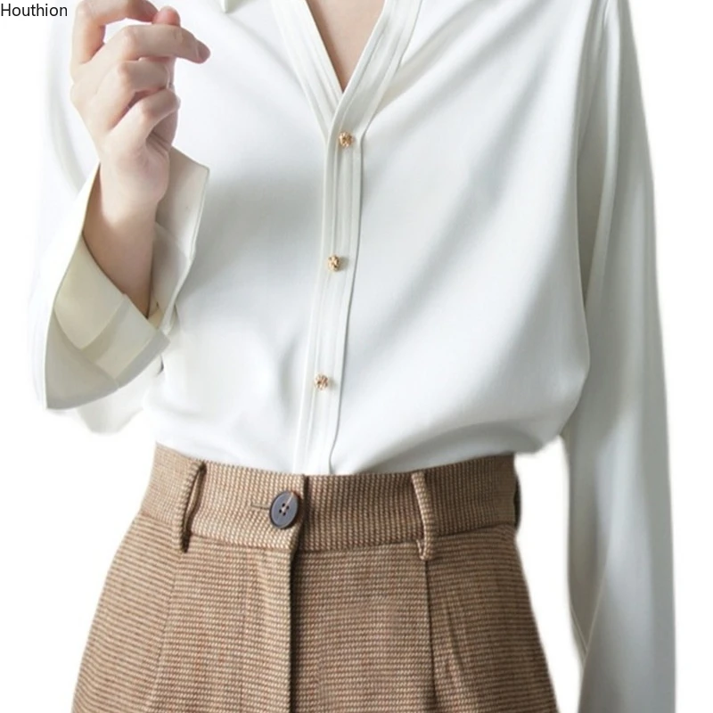 

Женский шифоновый топ с длинным рукавом Houthion, свободная Однотонная рубашка, модные блузки на пуговицах, Повседневная Новая корейская рубаш...