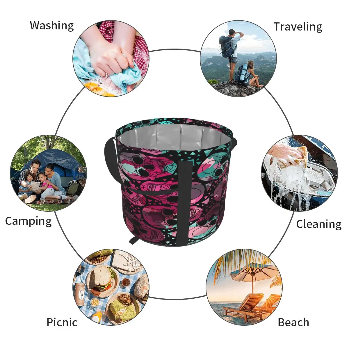 

Foldable Water Bag Skulls With Dashed Lines Sports Camping Hiking Storge Water Bucket Picnic Water Container Lifting Carrier