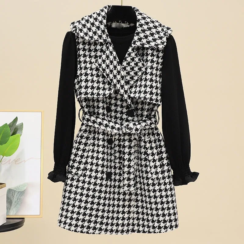 

2021 Autumn Winter New Women Korean Fashion Casual Houndstooth Turndown Collar Double Breasted Lace-up Wild Sleeveless Vest Y681
