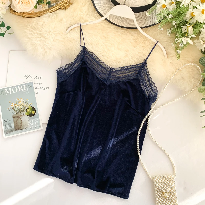 Новая Осенняя Женская кружевная бархатная майка велюровая высокого качества