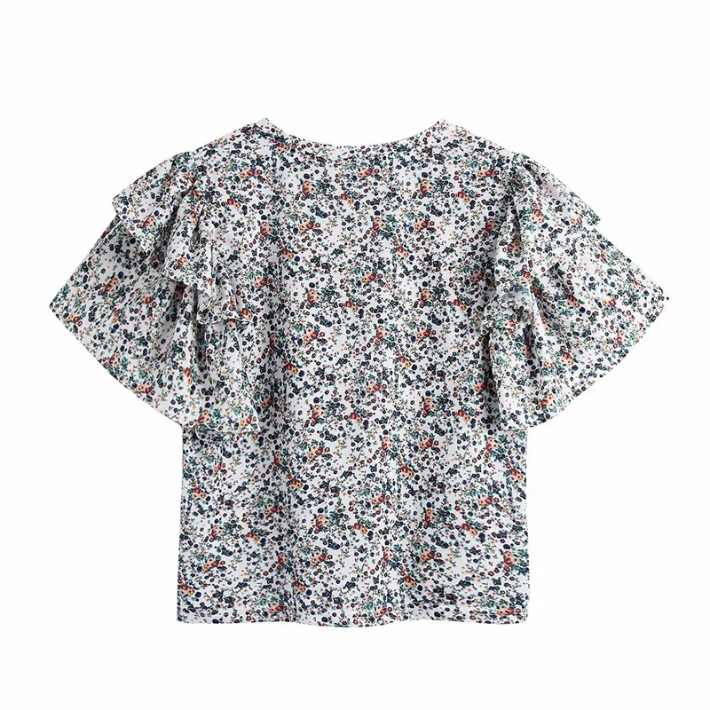 

Summer women's casual flower print round neck short-sleeved ruffled decorative T-shirt