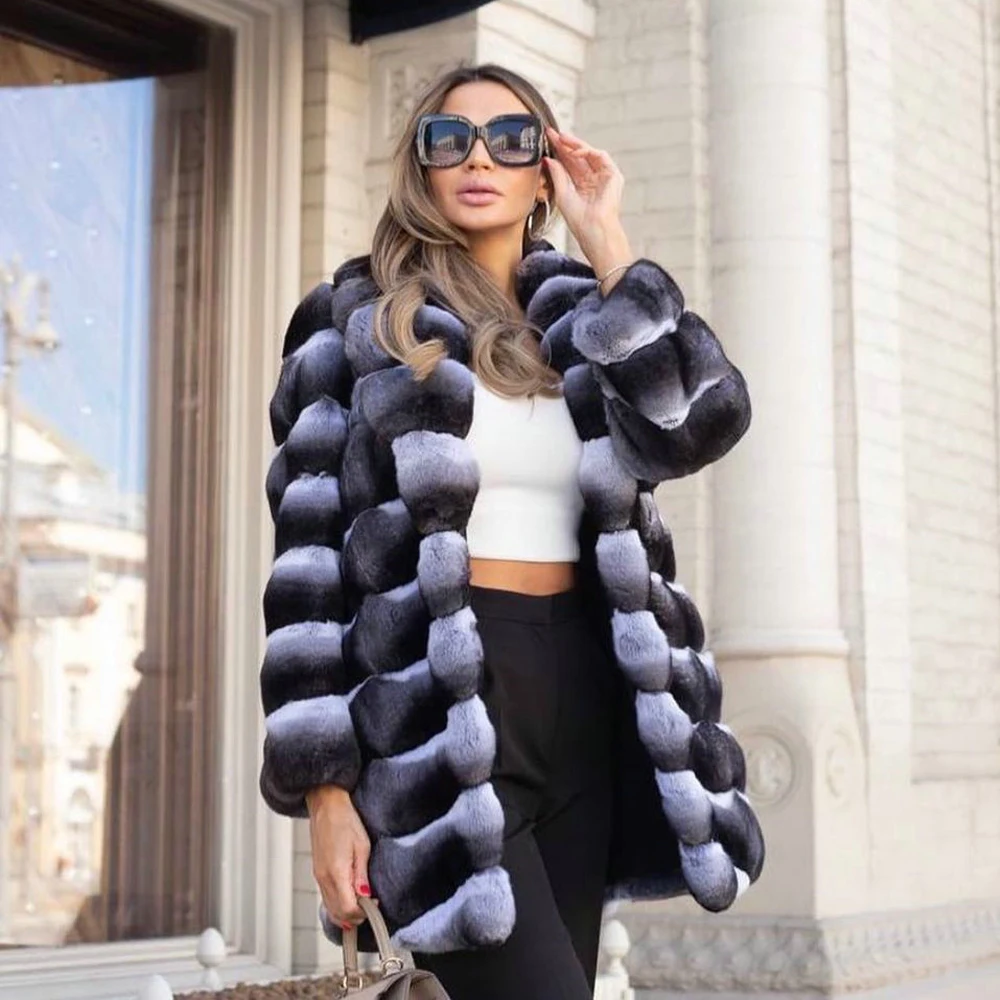 Medium Length Women Real Rex Rabbit Fur Coat with Turn-down Collar Fashion Woman Genuine Rex Rabbit Fur Coats Chinchilla Color enlarge