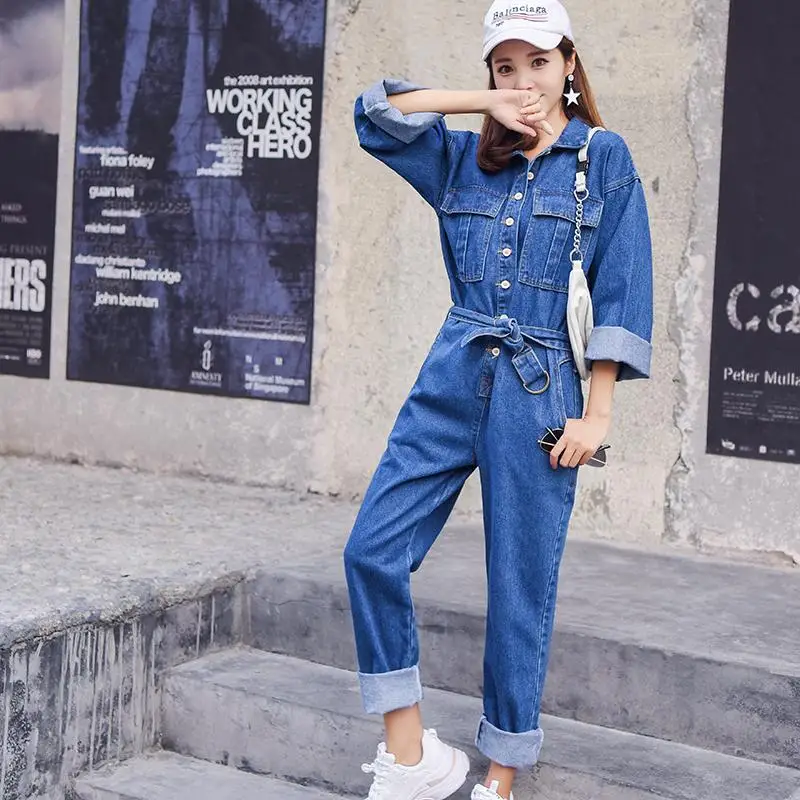 

Fashion Streetwear Style Denim Overalls Women Autumn Long Sleeve Bodysuit High Waist Jeans Bodycon Romper Wide Leg Jumpsuit