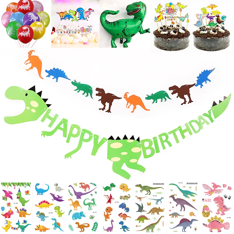 ديناصور مجموعة حفلات ديناصور راية جارلاند بالونات عملاقة كعكة توبر الوشم ملصق دينو المواضيع الحدث لوازم الحفلات للبنين