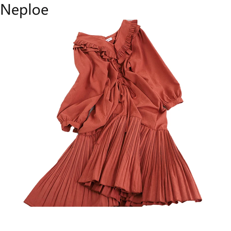 Женское плиссированное платье с завязками Neploe однотонное до середины икры