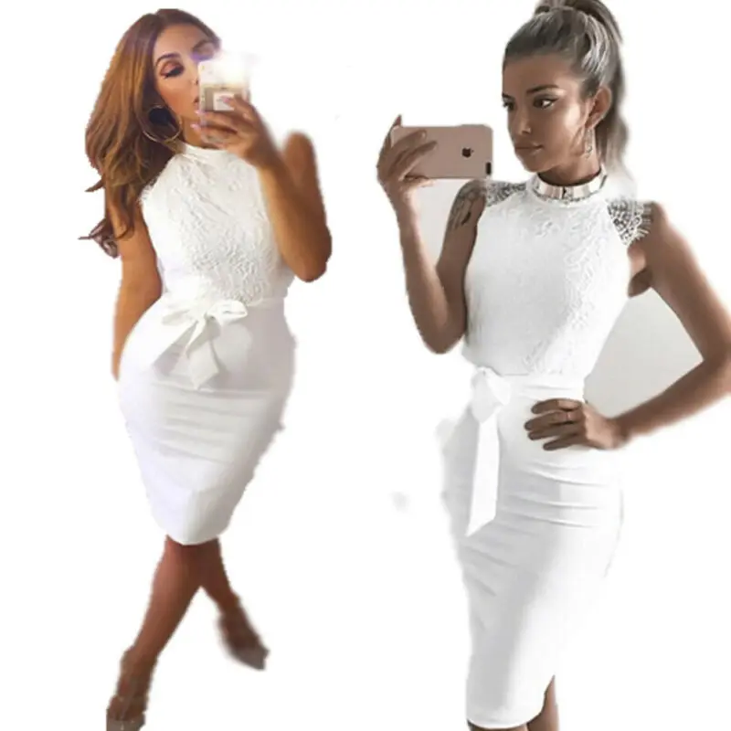 Women's Lace Sleeveless Bodycon Dress Fashion Formal Evening Party Club Wear Skinny Midi Solid White Color | Женская одежда