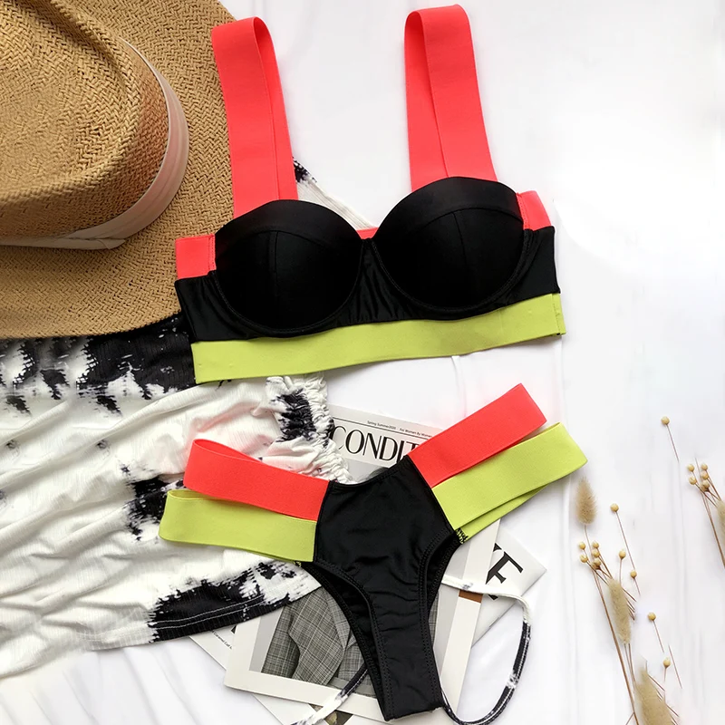 

Newly Women Colorful Splicing Contrasting Bikini Set Ladies Underwire Two-piece Swimsuit m99