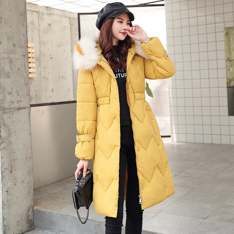 Зимние женские длинные пуховые хлопковые парки с капюшоном большой воротник из