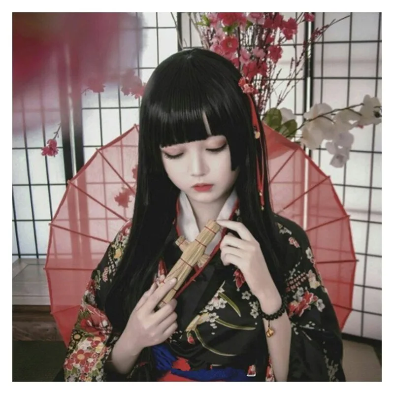 

100cm Black Long Straight Hair Jigoku Shoujo Enma Ai Anime Cosplay Costumes Heat resistant Wig