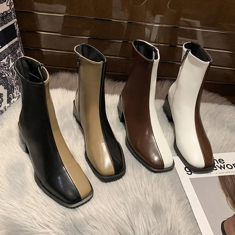 

2021 new Fashion Casual Mid-calf Boots Woman Patchwork High Quality Square Toe Boots Ladies Middle Square Heel Boots