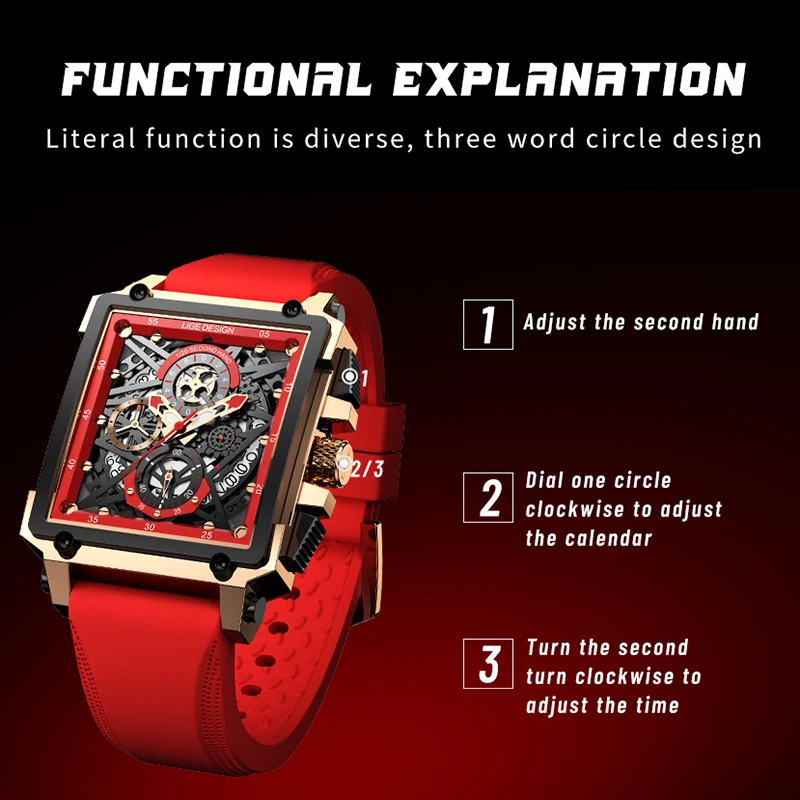 LIGE Classic Mens Watches Fashion Waterproof Silicone Hollow Quartz Wrist Watch For Men Casual Square Sport Watch Montre Homme