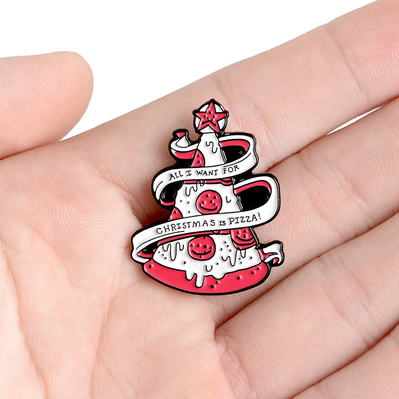 Christmas Tree Pizza Pin &quot All I Want For Is Banner Brooch Funny Custom Enamel Badge Lapel Pins Xmas Jewelry | Украшения и