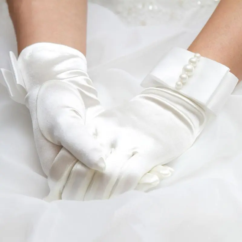 

Wedding Bridal Satin Short Gloves Faux Pearl Beaded Double Layer Bowknot Princess Prom Wrist Length Elastic Mittens
