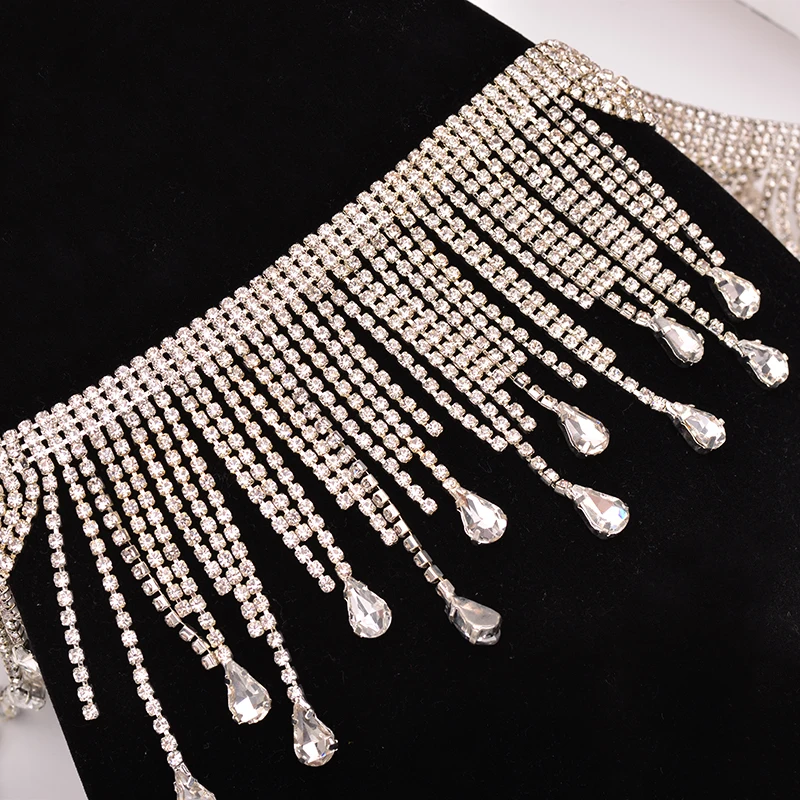 JUNAO 45cm Sewing Crystal AB Rhinestones Fringe Chain Glass Stones Tassel Metal Trim Crystal Applique Strass Tape for Dress DIY