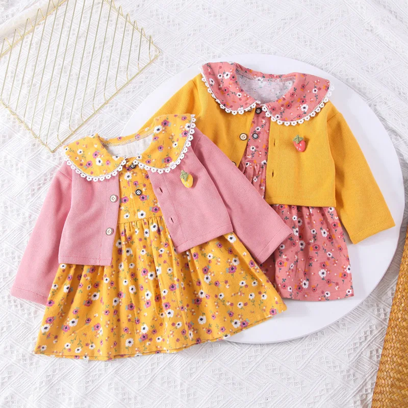 

2021 spring and autumn new girl floral dress sweet girl baby knitted cherry short coat dress two-piece lapel girl clothing