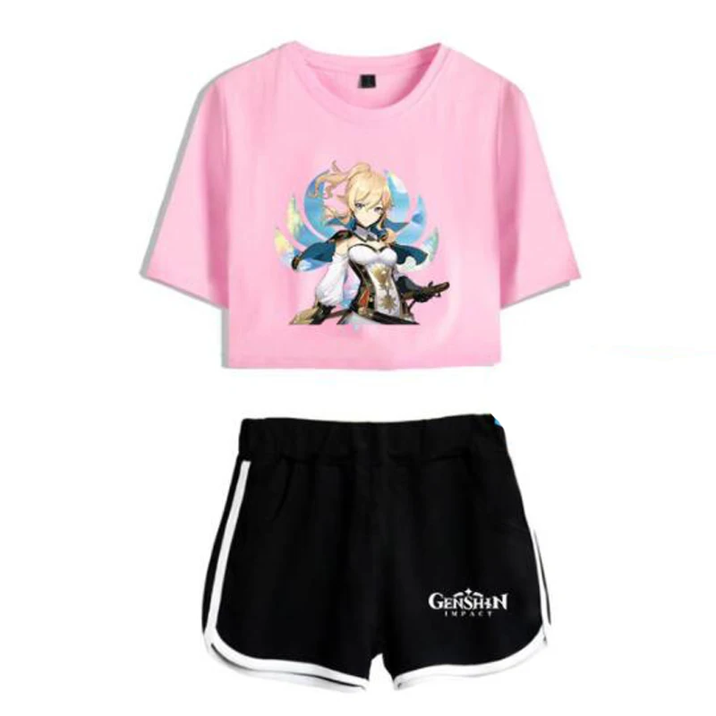 

Summer Women's Sets Hot Game Genshin Impact Short Sleeve Crop Top + Shorts Sweat Suits Women Tracksuits Two Piece Outfit