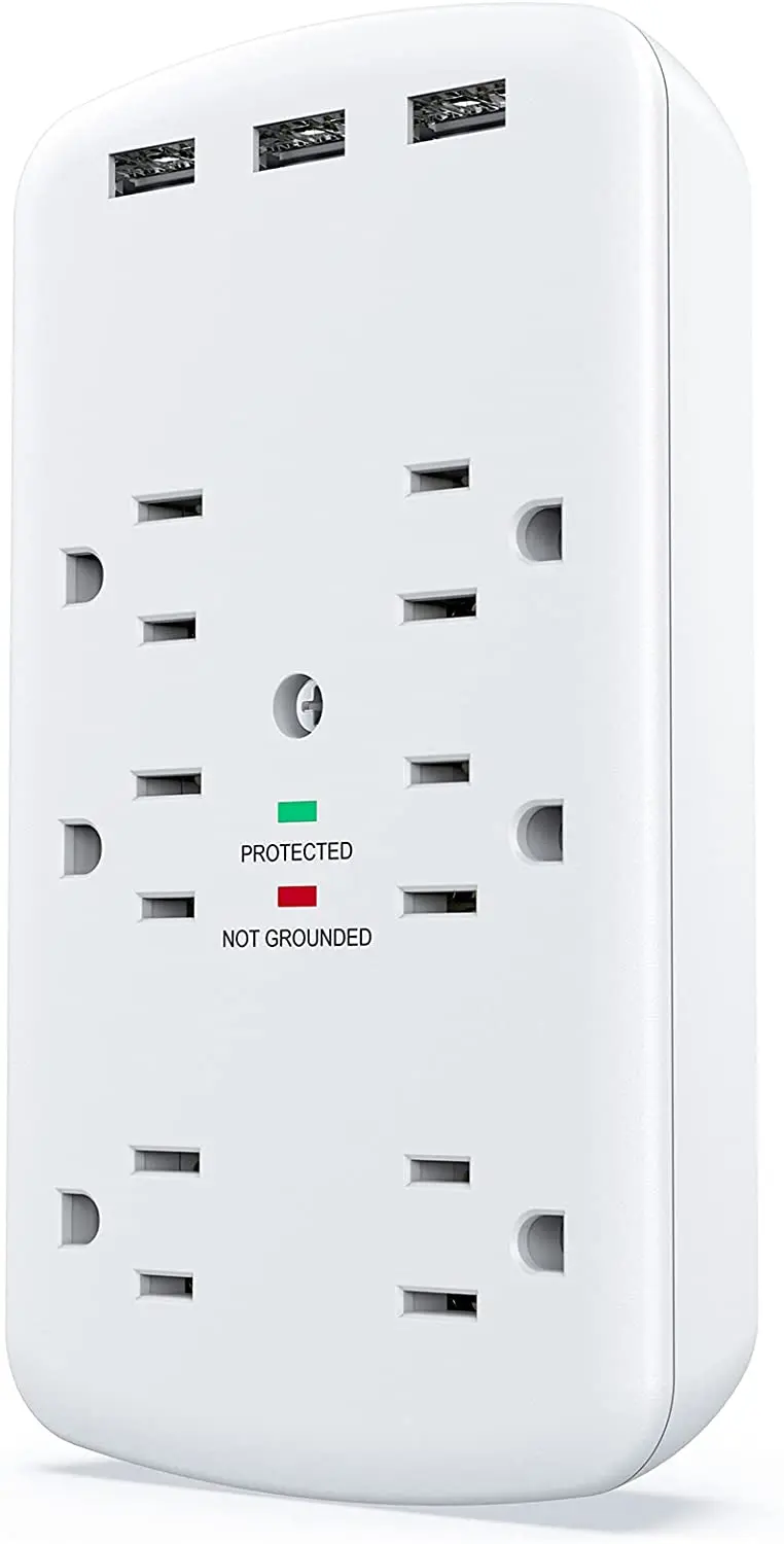 

USB Outlet Extender, USB Wall Charger Surge Protector Wall Outlets 6AC Outlets Plug Extender Splitter with 3 USB Ports 1728J