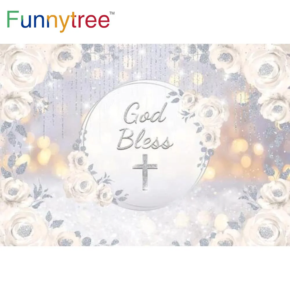 

Funnytree God Bless Silver Bokeh Backdrop First Communion Cross Floral Baby Shower Baptism Birthday Party Photocall Background