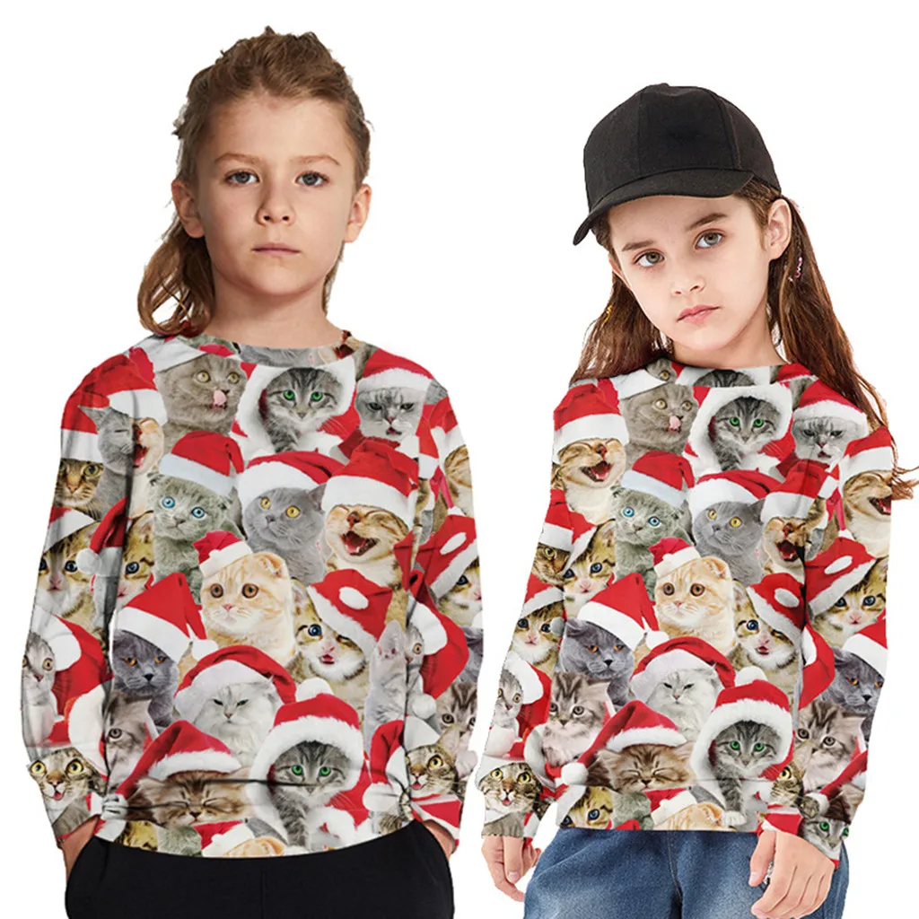 Рождественские толстовки для мальчиков и девочек с принтом кота Осенняя детская