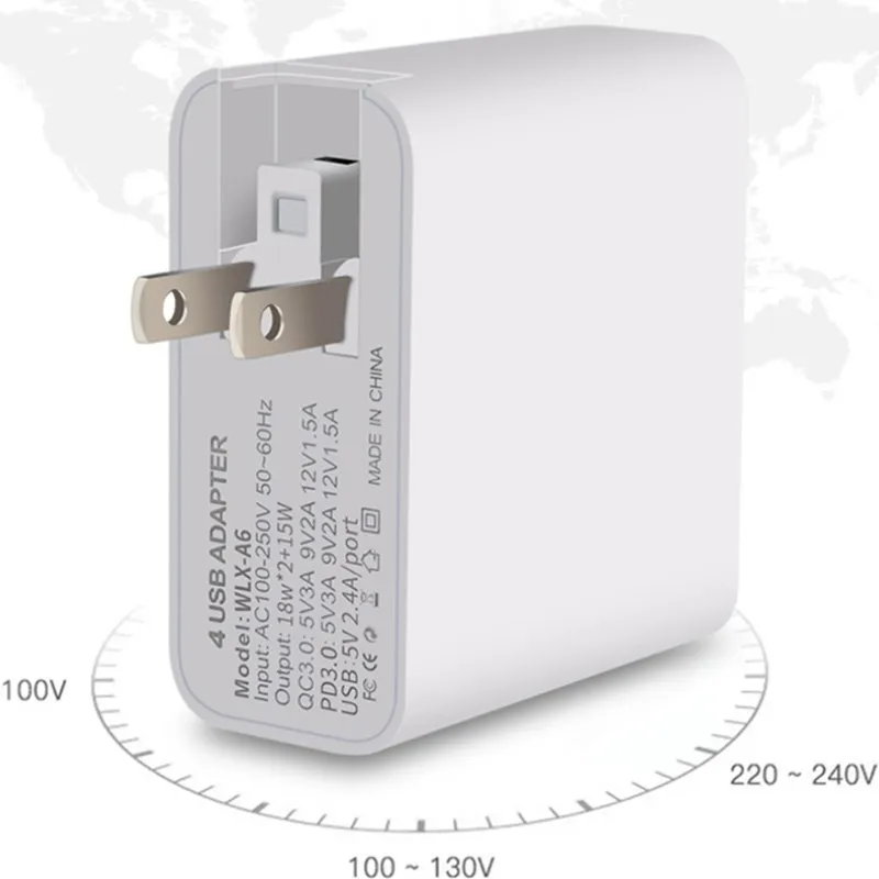 

51W QC3.0 Quick Charger for IPhone Samsung Huawei PD18W Smart USB Socket 4 Outlet Extension Adapter Socket Fast Charging Charger
