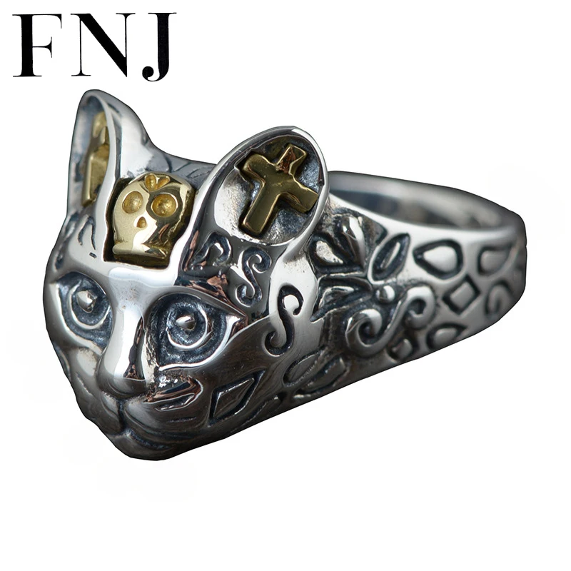 

FNJ 925 Silver Cute Cat Ring Original S925 Sterling Silver Rings for Women Jewelry Adjustable USA Size Cross Animal