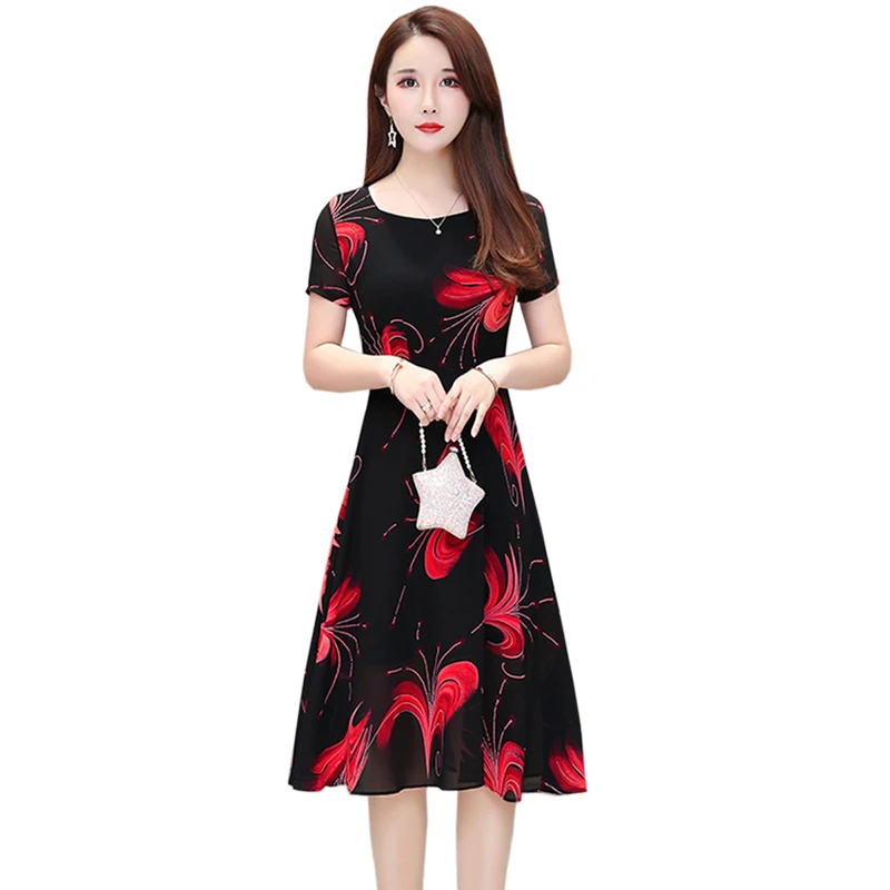 

Летнее элегантное шифоновое платье до колен с бантом платье для женщин с винтажным принтом Большие размеры L-5XL платье новый темперамент с О-...