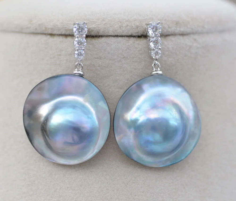 

Z10937 Huge 22mm Blue Round South Sea Mabe Pearl Dangle Earring CZ