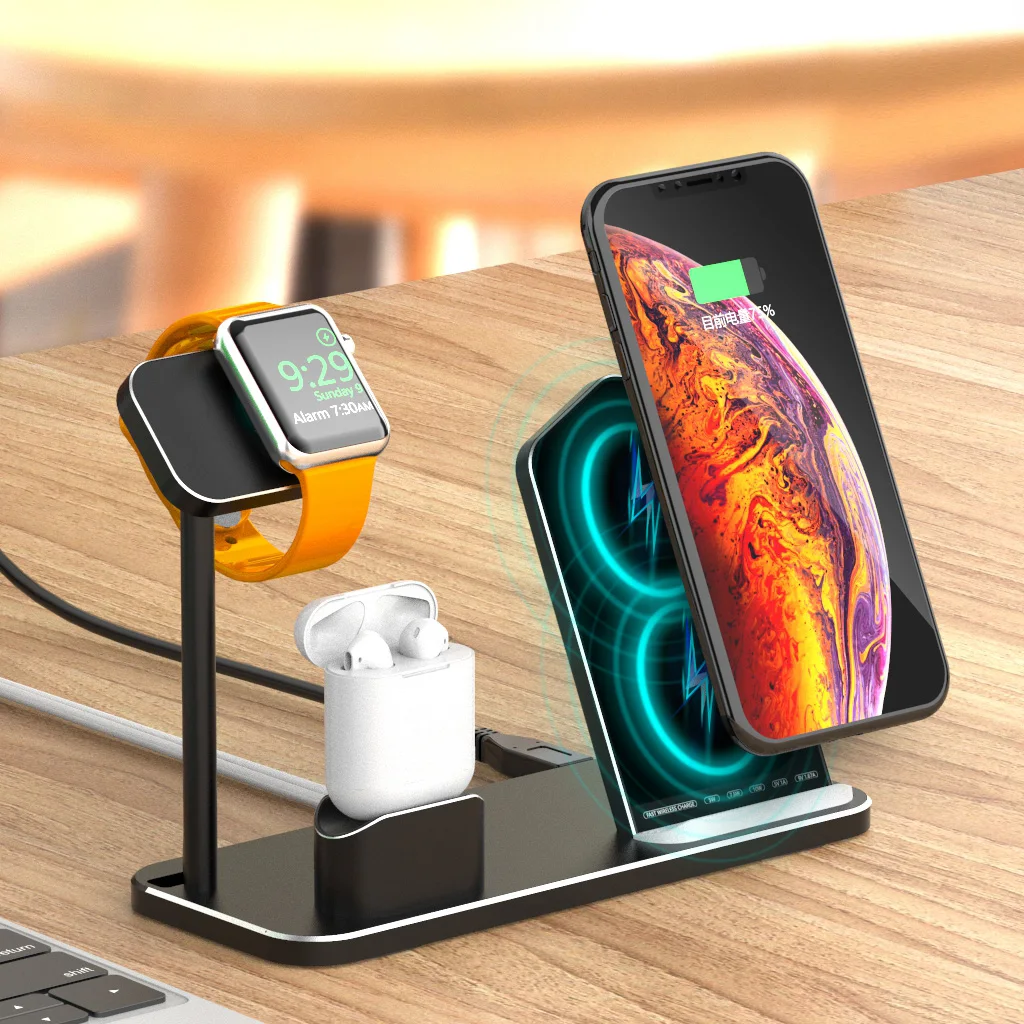 Фото Беспроводное зарядное устройство 3 в 1 QI для Apple iPhone зарядная док-станция 10 Вт Беспроводное зарядное устройство 3 в 1 QI для Apple iPhone зарядная док-станция 10 Вт