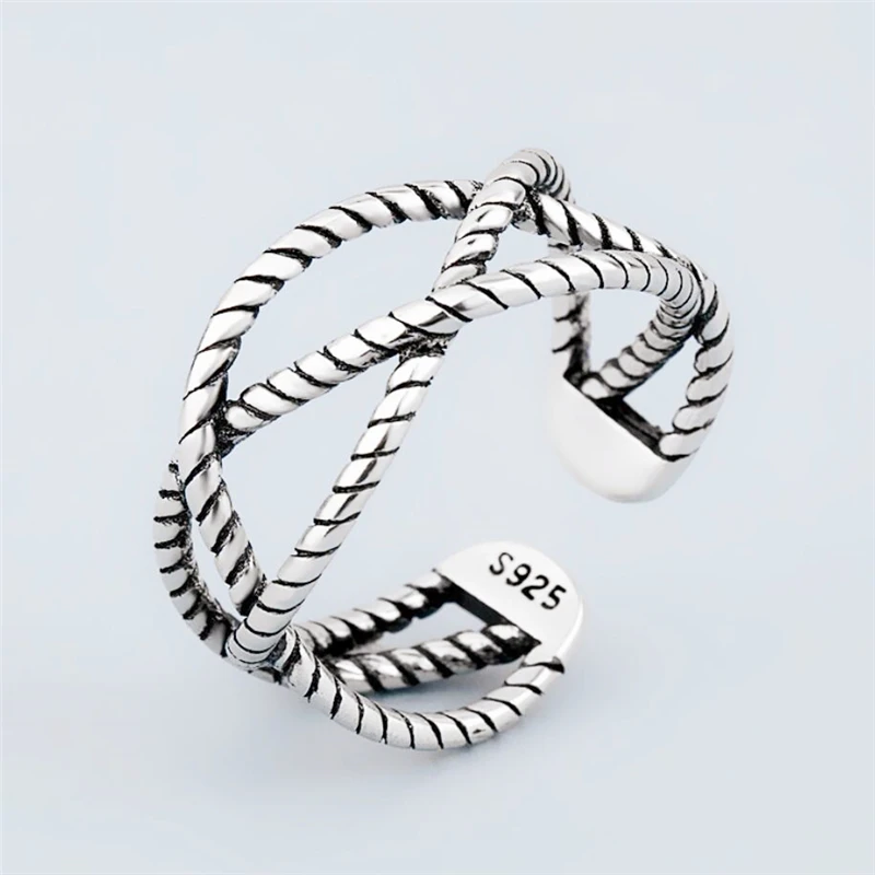 

Sole Memory Vintage Weave Twist Rope Multilayer Cross Silver Color Resizable Opening Ring For Women Luxury Jewelry SRI512