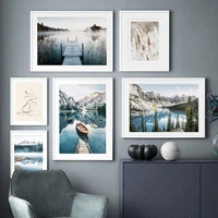 mountain boat blue foggy lake valley meadow reeds nordic poster wall art print canvas painting decor pictures for living room