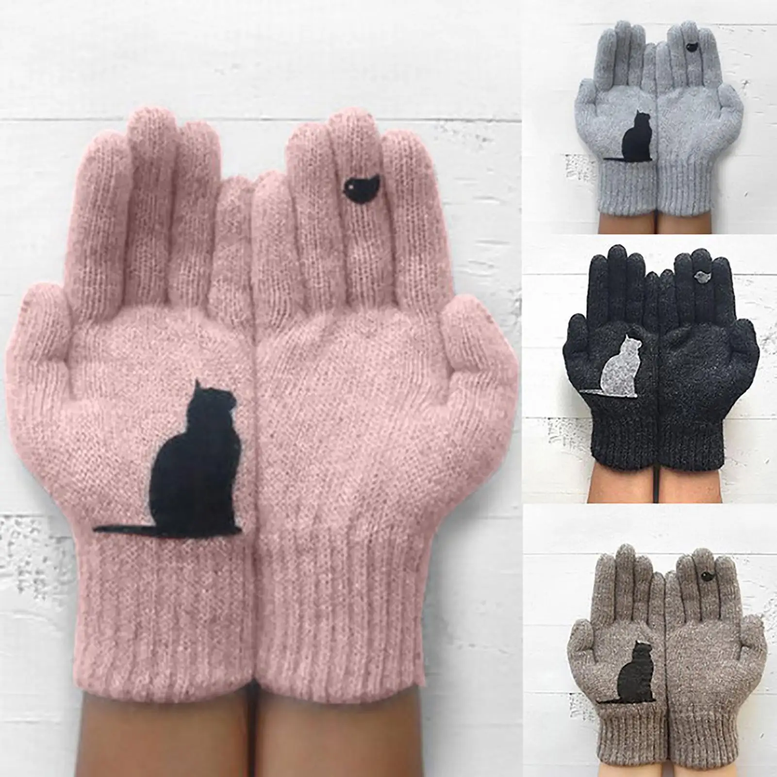 

Women Cartoon Kitten Bird Warm Winter Thickened Knit Outdoor Full Finger Gloves