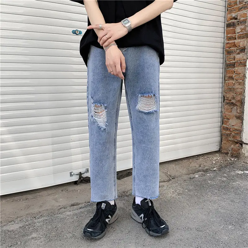 

Ripped Wide-leg Jeans Men's Fashion Retro Casual Hole Jeans Men Streetwear Korean Loose Hip-hop Straight Denim Trousers Mens
