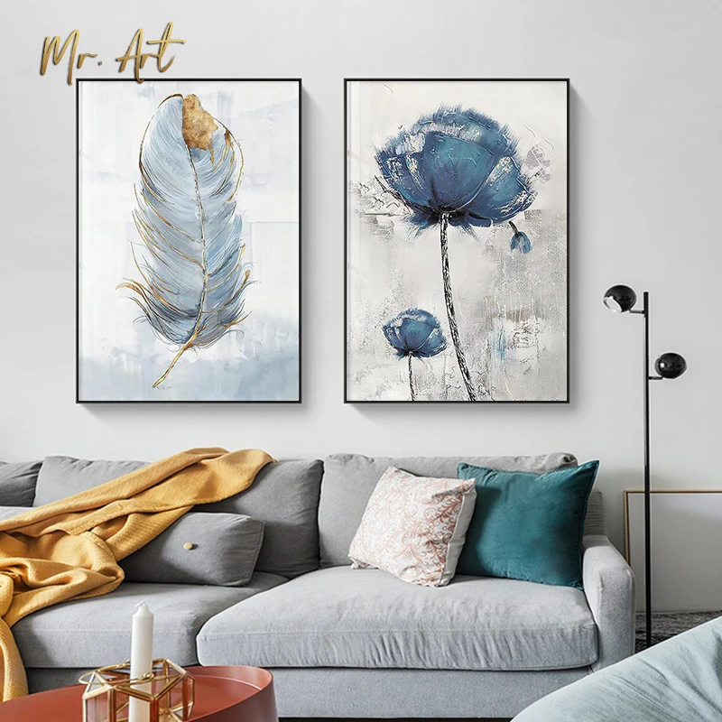

Nordic Plant Canvas Painting Blue Flowers and Feather Poster Print Modern Wall Art Living Room Pictures Scandinavian Home Decor