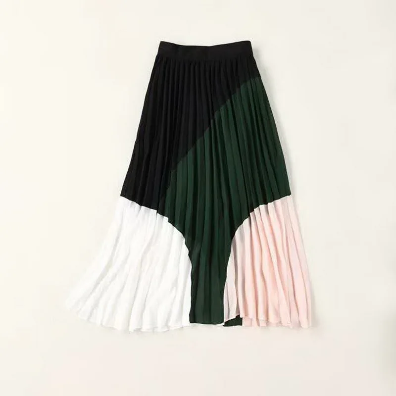 

2020 Summer Fashion Skirt Suit Women Turn-down Collar Sleeveless Black Tops Blouse+Color Block Print Pleated Skirt Set 2 Piece